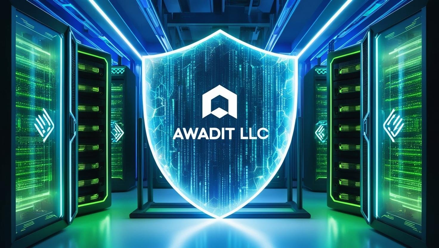 A secure cloud data center with glowing servers and a holographic shield protecting the data. The AWADIT LLC logo is subtly integrated into the design. Futuristic and high-tech style.
